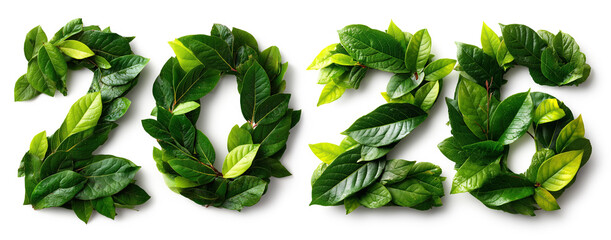 Arranged Fresh Lush Green Leaves Forming Happy New Year 2026 on a White Background environmental and eco friendly design