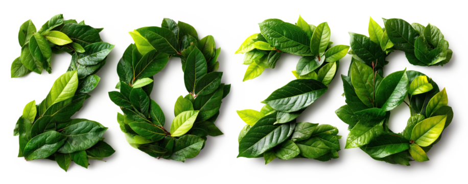 Arranged Fresh Lush Green Leaves Forming Happy New Year 2026 on a White Background environmental and eco friendly design