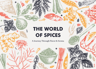 Kitchen spice and herbs banner design. Hand-drawn vector illustration. Vintage food background in sketch style. NOT AI generated © sketched-graphics