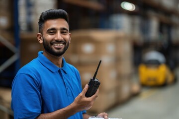 Handsome young Indian warehouse worker smiling while holding walkie talkie in storage facility, showcasing friendly and professional demeanor. background features stacked boxes