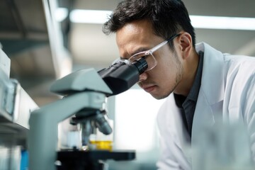 Male scientist examines samples through microscope in laboratory setting, showcasing focus and dedication to research. environment is modern and well equipped, emphasizing scientific exploration