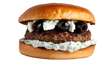 Close up of a burger with olives and feta cheese on a black background on transparent background png