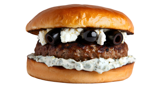 Close up of a burger with olives and feta cheese on a black background on transparent background png