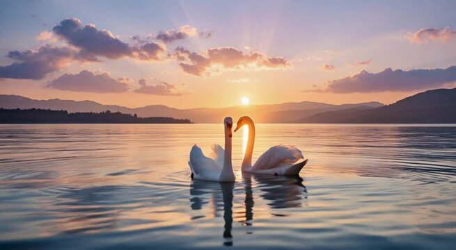 Romantic sunset scene featuring two swans gracefully floating on calm water