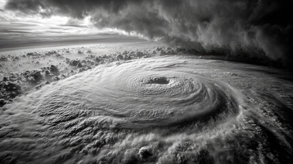 A dramatic, swirling hurricane seen from above, with dense clouds and a distinct eye at the center in black and white