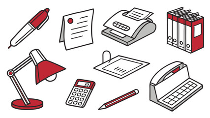 Illustration of office supplies including a lamp, calculator, and fax machine in red and white