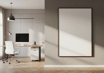 Office interior with desk, chair, computer, and blank frame