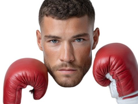 Boxer: Portrait of a intense boxer with red gloves, ready for the fight.