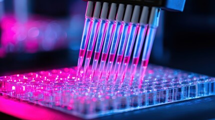 A multi-channel pipette dispenses liquid samples into a microplate, illuminated by vibrant blue and pink laboratory lighting