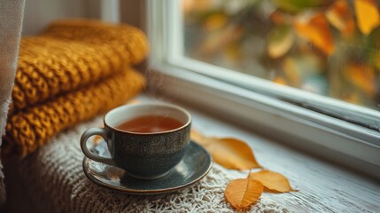 Cozy cup of hot coffee or tea by window in autumn hygge style, warm and relaxing seasonal mood