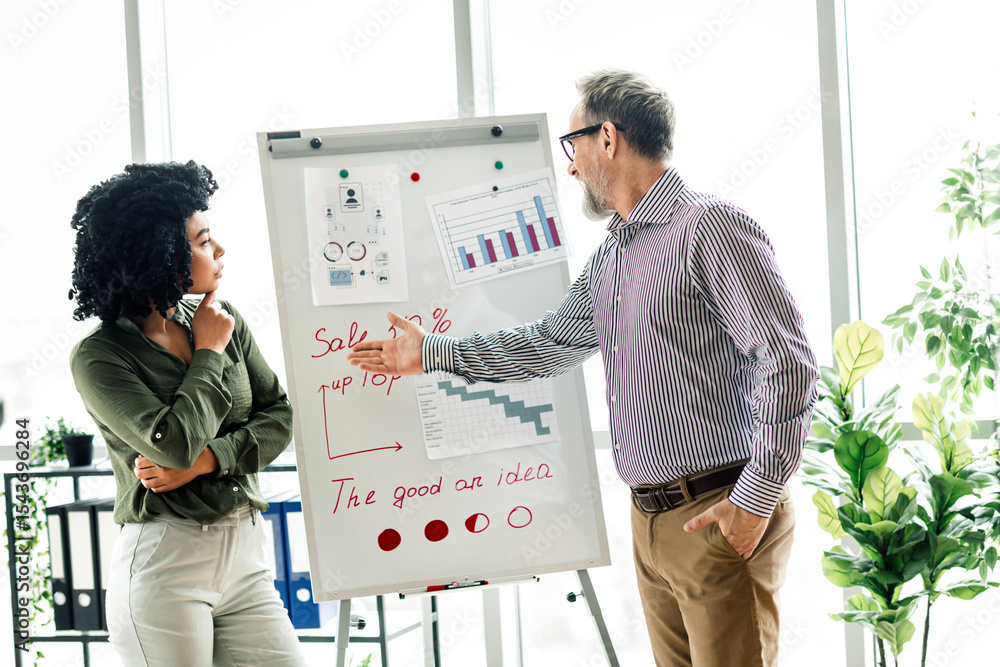 Poster professional team discussing project strategy at an office meeting using a whiteboard with charts an