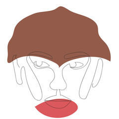 This minimalist line art illustration features an abstract face. Flowing black lines define the facial features, complemented by a solid brown shape on top and a contrasting red element at the bottom,