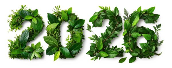 Arranged Fresh Lush Green Leaves Forming Happy New Year 2026 on a White Background environmental and eco friendly design