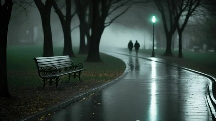 Hooded couple walking in foggy park at twilight, with ornate bench, path under green lamplight - Powered by Adobe
