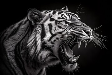 Black and white tiger roaring headshot isolated on white background
