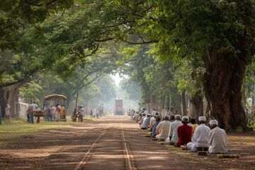  Elderly devotees praying beside Rath Yatra path with serene background and open space below.
