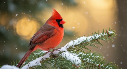 Vibrant red bird perched on snow-covered pine branch during winter snowfall