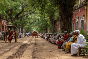  Elderly devotees praying beside Rath Yatra path with serene background and open space below.
