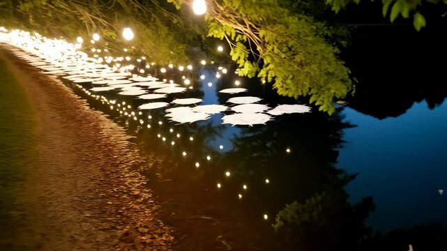Floating illuminated decorative medallions gently bob on a serene pond surface reflecting lights in the dark creating peaceful atmosphere.