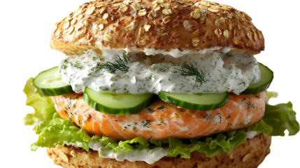 A salmon burger with cucumber lettuce and dill sauce on whole wheat on transparent background png
