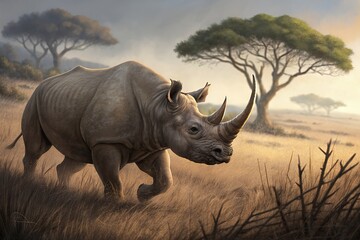 Obraz premium Black rhinoceros walking through african savanna at sunrise isolated on white background