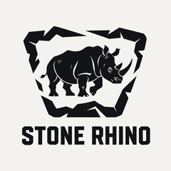 A stylized black rhinoceros illustration within a geometric frame with stone rhino text below it here now © Design