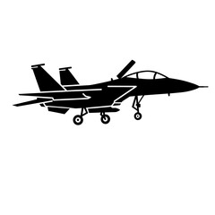 A black silhouette of a fighter jet with landing gear deployed and canopy open on a white background plane