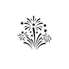 A simple black and white illustration of fireworks with stars on a plain white background for celebrations