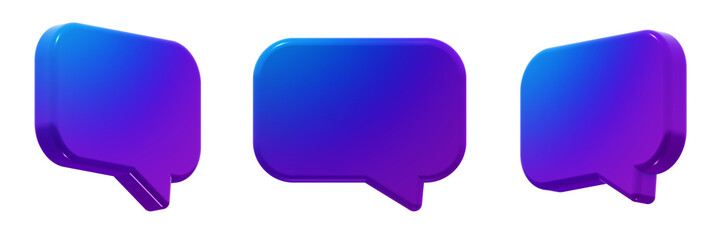 Modern rectangular speech bubble with a smooth blue-to-purple gradient. 3D render icon element, isolated. Includes three angles of the same shape.