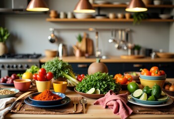 Fototapeta premium Fresh vegetables and spices arranged on a rustic kitchen countertop for cooking