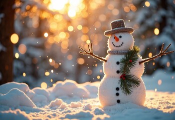 Obraz premium Cheerful snowman with a hat and scarf standing in a snowy landscape at sunset