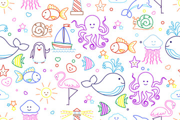 Line art. Image of sea creatures, ship, sun, lighthouse. Cute color pictures for kids. Seamless pattern. Vector
