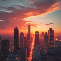 Fototapeta premium This image captures a breathtaking cityscape at either sunrise or sunset, with the sky ablaze in fiery reds, oranges, and purples. A prominent street or avenue stretches into the distance, illuminate
