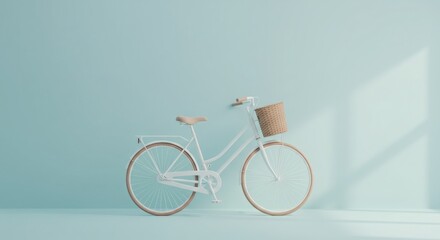 
Minimalist and modern pastel-colored photo of a bike parked against a wall with an unusual yet beautiful camera angle with natural lighting a clean background with no text styled for a poster or webs