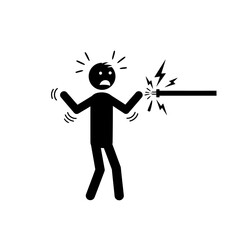 A stick figure receiving an electric shock from a wire with visible lightning bolt effects nearby hand