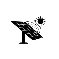 A black and white graphic of a solar panel with the sun shining on it in a simple clean design style