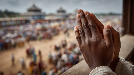 Folded hands in prayer with blurred Rath Yatra in the background and upper space for text.
