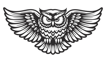 Obraz premium Monochrome vector owl with wings extended, visible feather structure, frontal gaze, symmetrical composition, suitable for wildlife themed branding, print design, emblem or patch application