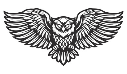 Fototapeta premium Monochrome vector owl with wings extended, visible feather structure, frontal gaze, symmetrical composition, suitable for wildlife themed branding, print design, emblem or patch application