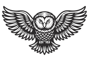 Obraz premium Monochrome vector owl with wings extended, visible feather structure, frontal gaze, symmetrical composition, suitable for wildlife themed branding, print design, emblem or patch application