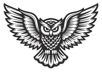 Obraz premium Monochrome vector owl with wings extended, visible feather structure, frontal gaze, symmetrical composition, suitable for wildlife themed branding, print design, emblem or patch application
