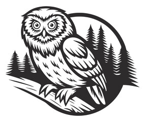 Obraz premium Monochrome vector of great horned owl perched near full moon, front-facing position, visible feather structure, forest silhouette in background, suitable for nocturnal wildlife themed graphic use