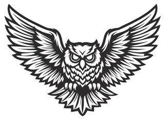 Obraz premium Monochrome owl with wings fully extended, sharp talons visible, perched stance, detailed feather layout, symmetrical front view, blurred forest background for wildlife themed graphic use
