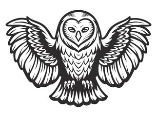 Obraz premium Monochrome owl with wings fully extended, sharp talons visible, perched stance, detailed feather layout, symmetrical front view, blurred forest background for wildlife themed graphic use