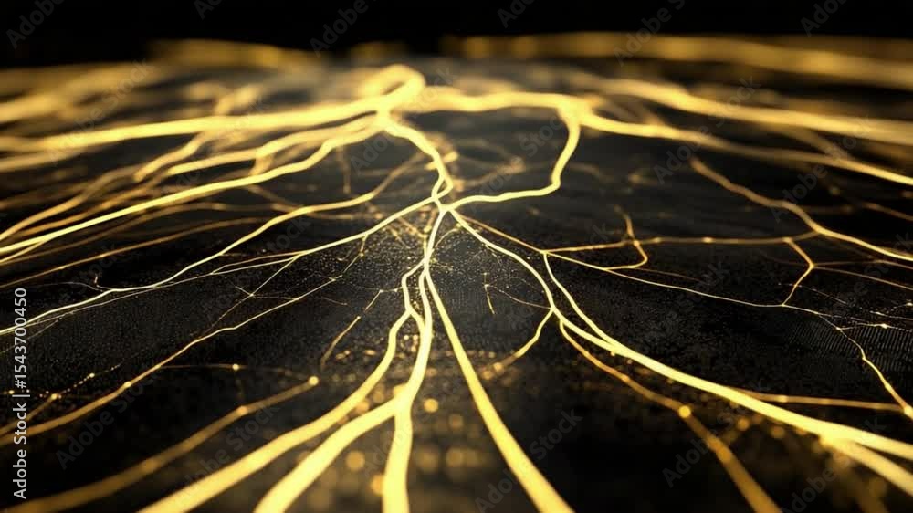 Poster illuminating pathways: an abstract, high-angle view showcases interconnected golden lines against a 