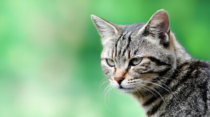 Obraz premium Gray striped cat portrait with detailed fur, soft natural light, blurred green background. Elegance in simplicity.