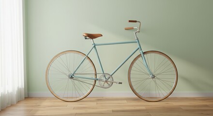 
Minimalist and modern pastel-colored photo of a bike parked against a wall with an unusual yet beautiful camera angle with natural lighting a clean background with no text styled for a poster or webs