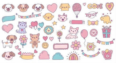 Fototapeta premium Hand-Drawn Cute and Playful Sticker Sheet with Animals, Hearts, and Festive Elements