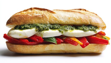 Fresh mozzarella, roasted peppers, and pesto sandwich