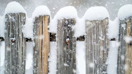 A wooden fence covered in fresh snow during a winter storm